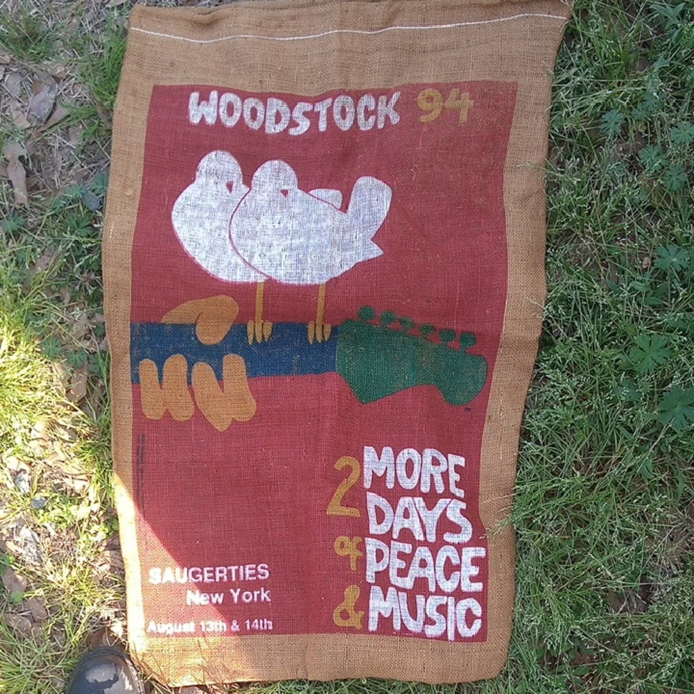 Vintage Woodstock 94 Red Burlap Wall Hanging - Peace & Music Potato Sack